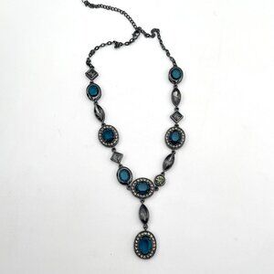 Elegant Blue Gemstone & Rhinestone Statement Necklace With Antique Silver Chain